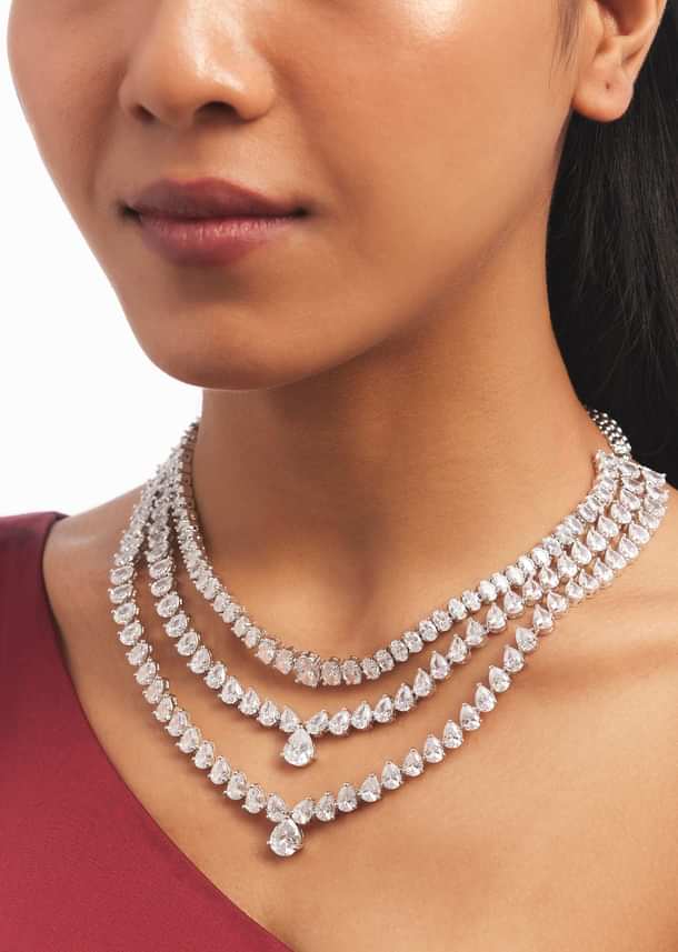 Silver Multi Layered Necklace And Drop Earrings Set
