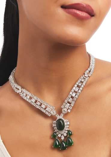 Silver And Green Stone Studded Necklace Set