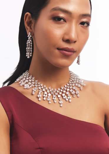 Silver Zircon Cascading Necklace Set
