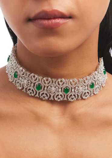 Silver Choker And Earrings Set With Green Accents