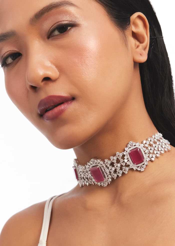Silver And Ruby Red Stone Studded Choker Set