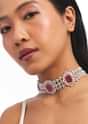 Silver And Ruby Red Stone Studded Choker Set