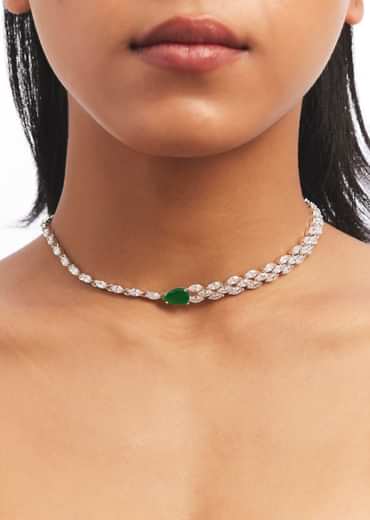 Silver Choker And Earrings Set With Green Drops