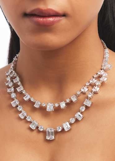 Silver Double Layered Necklace And Earrings Set