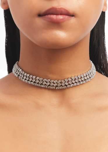 Silver Zircon Studded Choker And Triangle Earrings Set