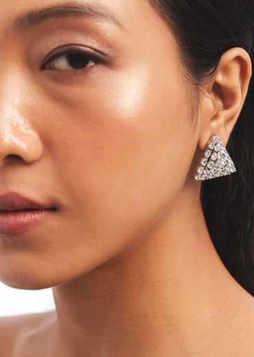 Silver Zircon Studded Choker And Triangle Earrings Set