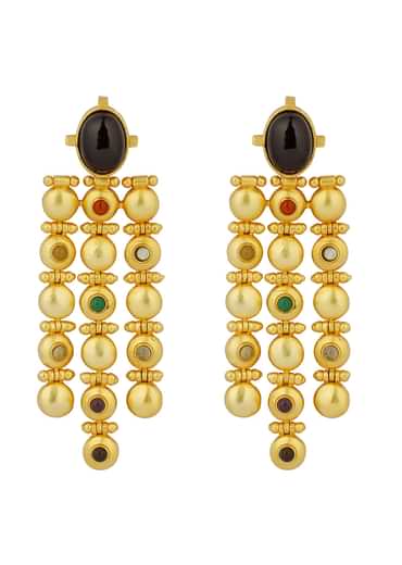 Gold Navratna Statement Earrings With Drops