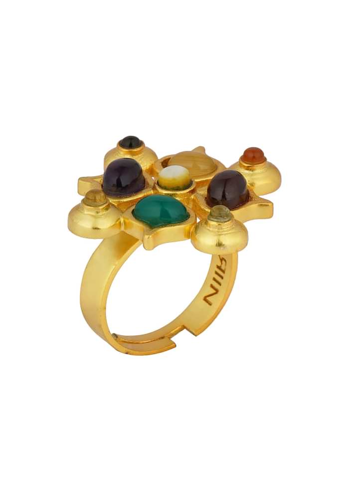 Gold Navratan Ring With Multi Stone Detailing