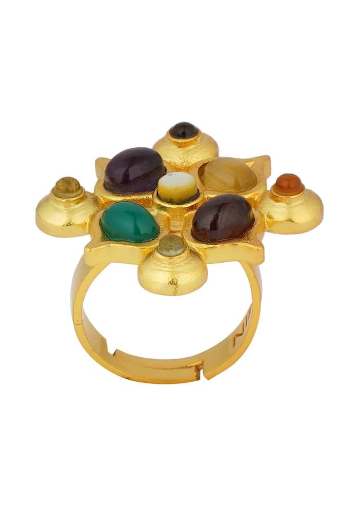 Gold Navratan Ring With Multi Stone Detailing