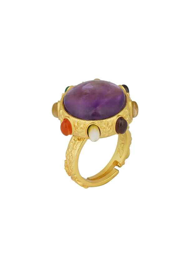 Gold Navratna Ring With Purple Stone Accent