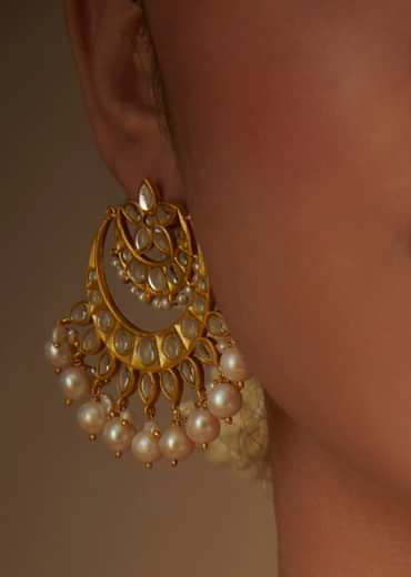 Gold Chaand Baalis With Mirror Polki And Pearls