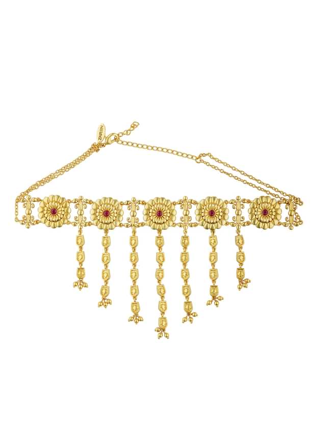 Antique Gold Floral Choker Necklace With Zircon Accents