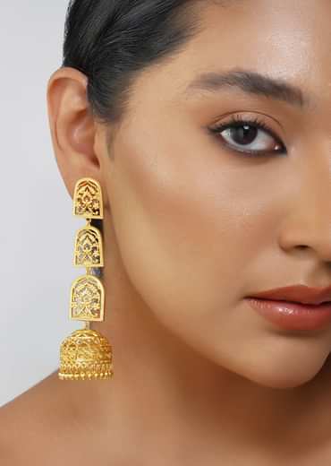 Antique Gold Bareilly Jhumka Earrings With Layered Dome Design