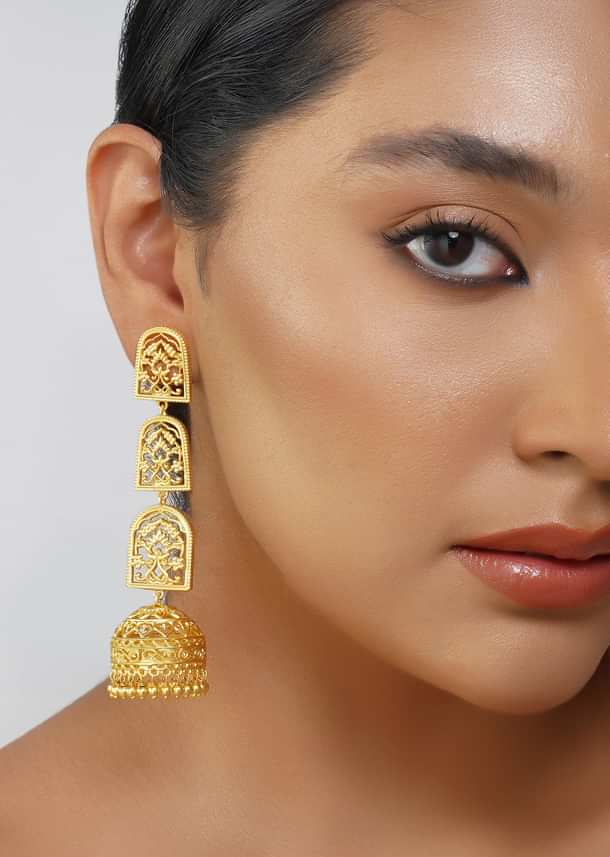 Antique Gold Bareilly Jhumka Earrings With Layered Dome Design