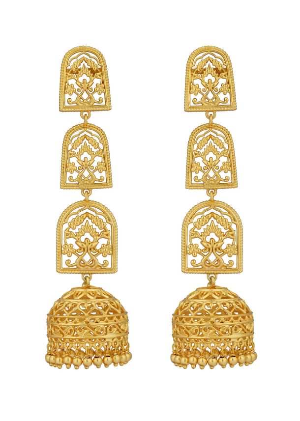 Antique Gold Bareilly Jhumka Earrings With Layered Dome Design