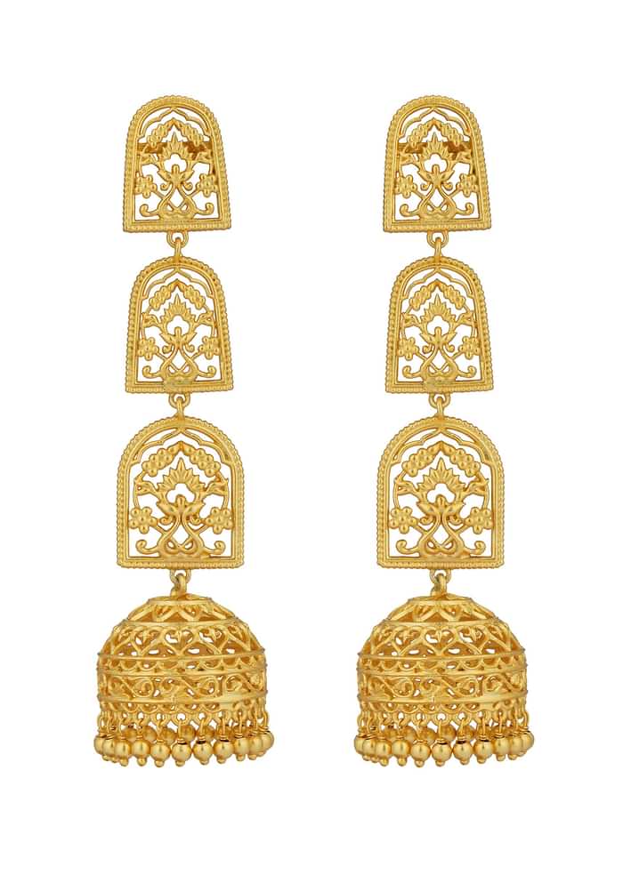 Antique Gold Bareilly Jhumka Earrings With Layered Dome Design