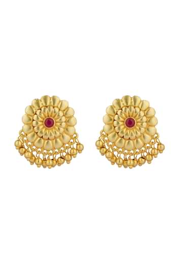 Antique Gold Floral Stud Earrings With Red Zircon Detailing
