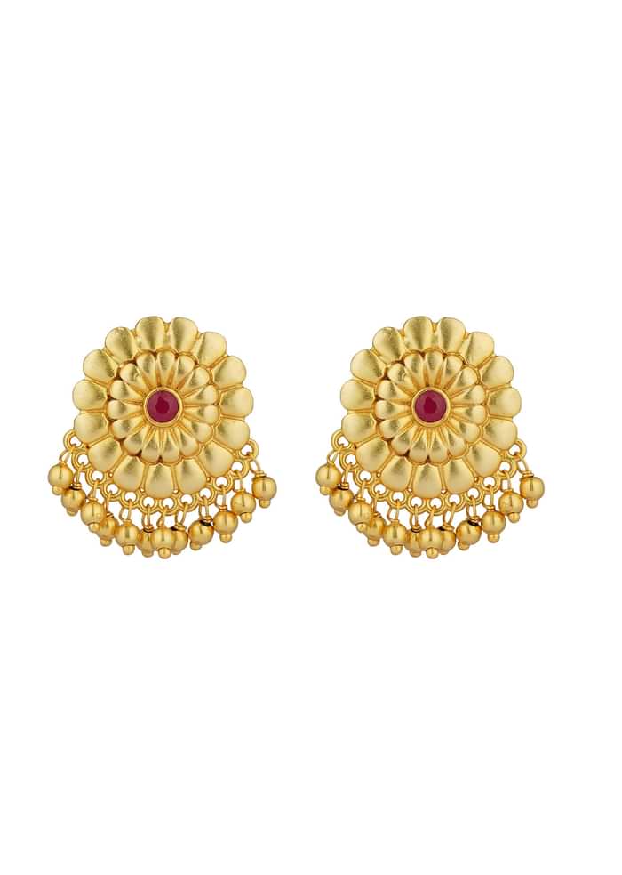 Antique Gold Floral Stud Earrings With Red Zircon Detailing