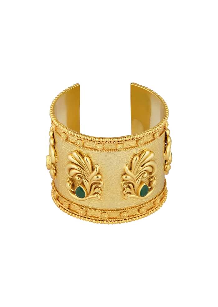Antique Gold Cuff Bracelet With Peacock Motifs And Zircon Accents