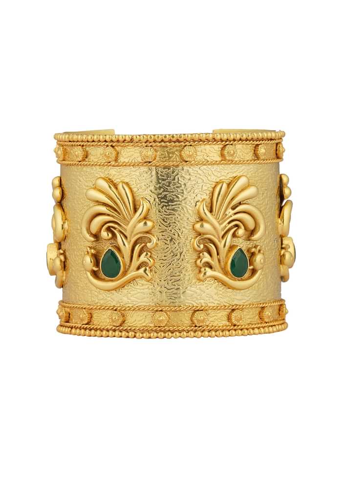 Antique Gold Cuff Bracelet With Peacock Motifs And Zircon Accents