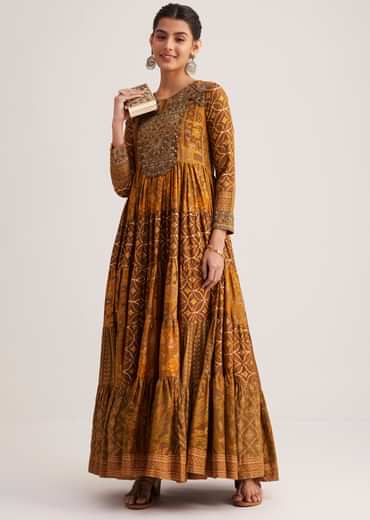 Mustard Yellow Silk Kurti With Indie Print