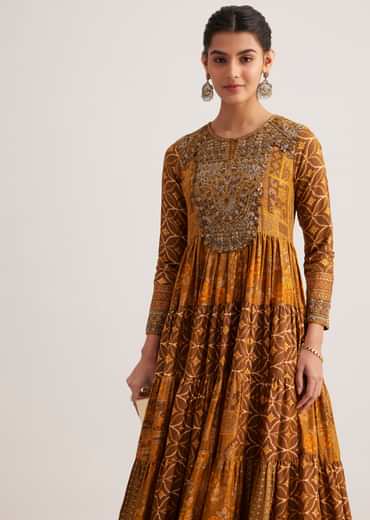 Mustard Yellow Silk Kurti With Indie Print