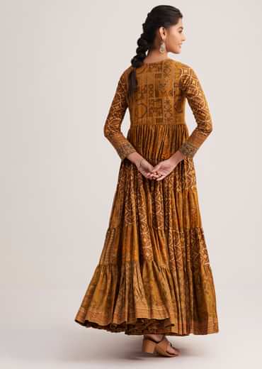 Mustard Yellow Silk Kurti With Indie Print