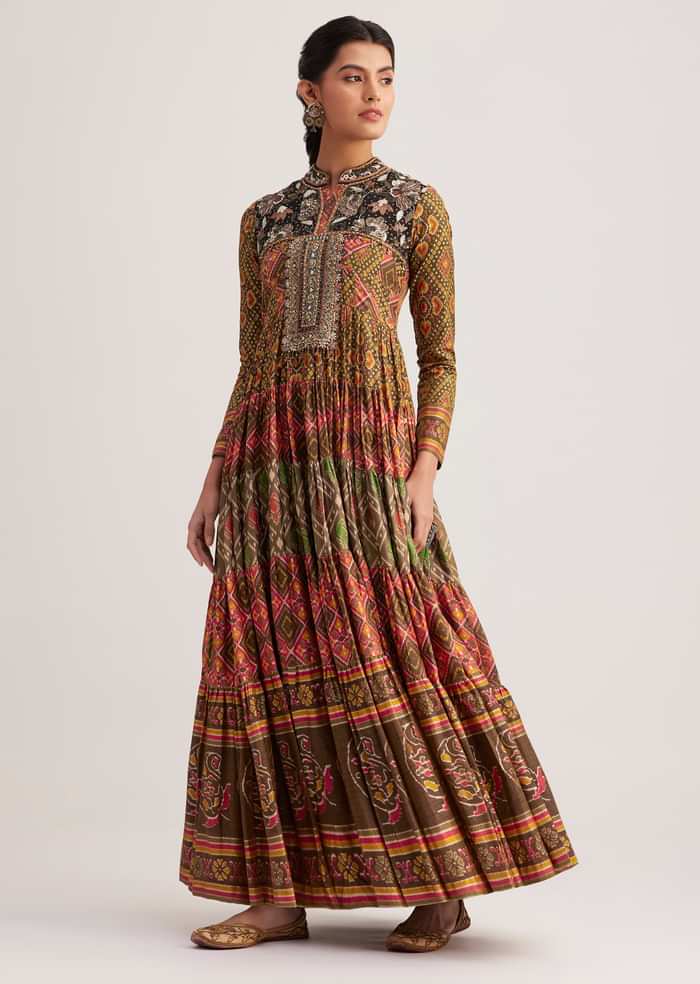 Mustard Silk Kurti With Multicolor Patola Print