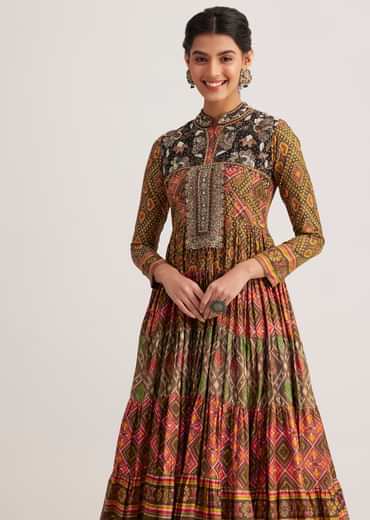 Mustard Silk Kurti With Multicolor Patola Print