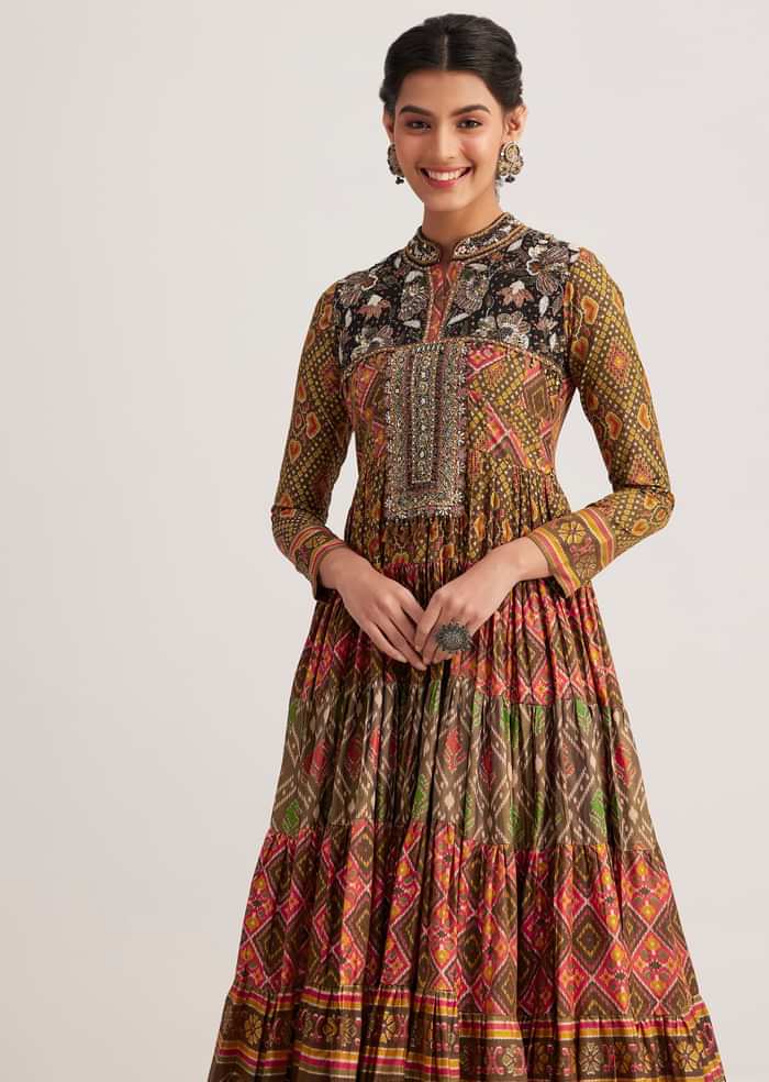 Mustard Silk Kurti With Multicolor Patola Print