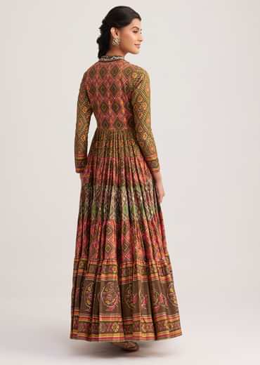 Mustard Silk Kurti With Multicolor Patola Print