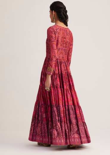 Dark Pink Silk Kurti With Indie Print