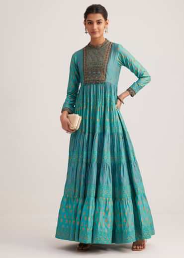 Turquoise Chanderi Kurti With Indie Print