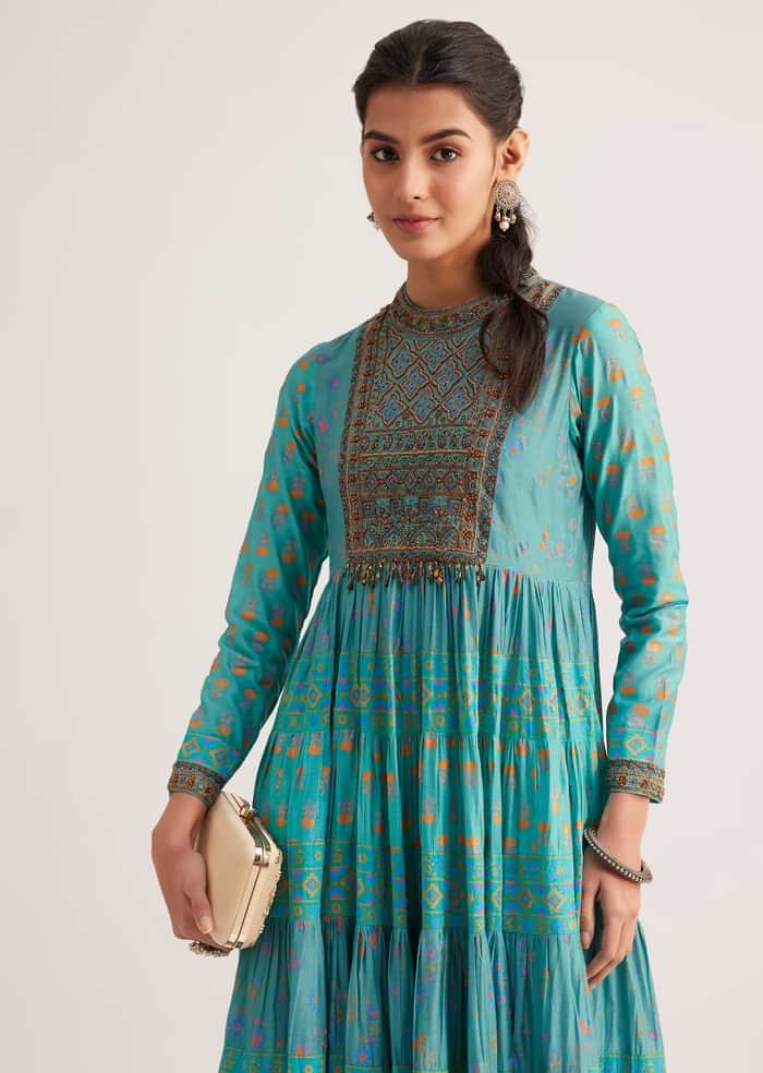 Turquoise Chanderi Kurti With Indie Print