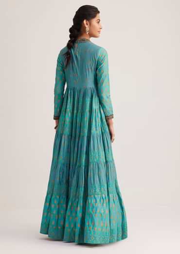 Turquoise Chanderi Kurti With Indie Print