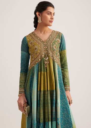 Blue And Green Silk Kurti With Indie Print