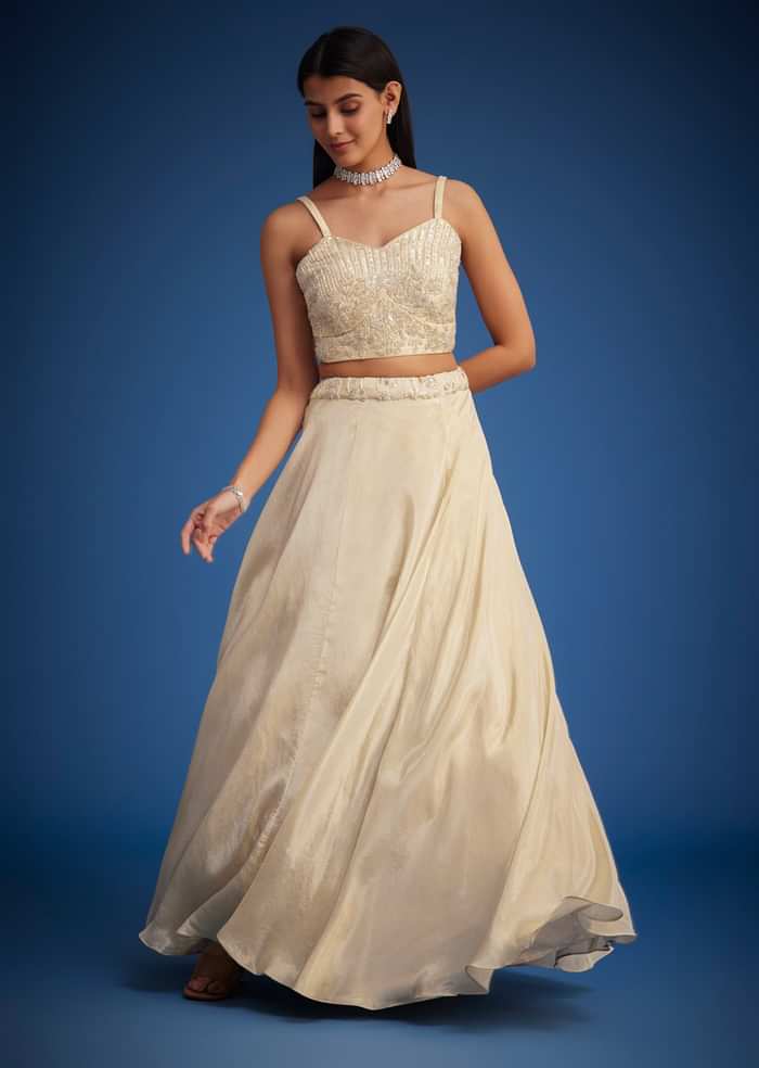 Cream Raw Silk Embroidered Jacket Lehenga Set