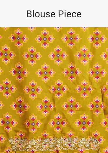 Mehendi Green Patola Printed Satin Saree With Scallop Embroidered Border
