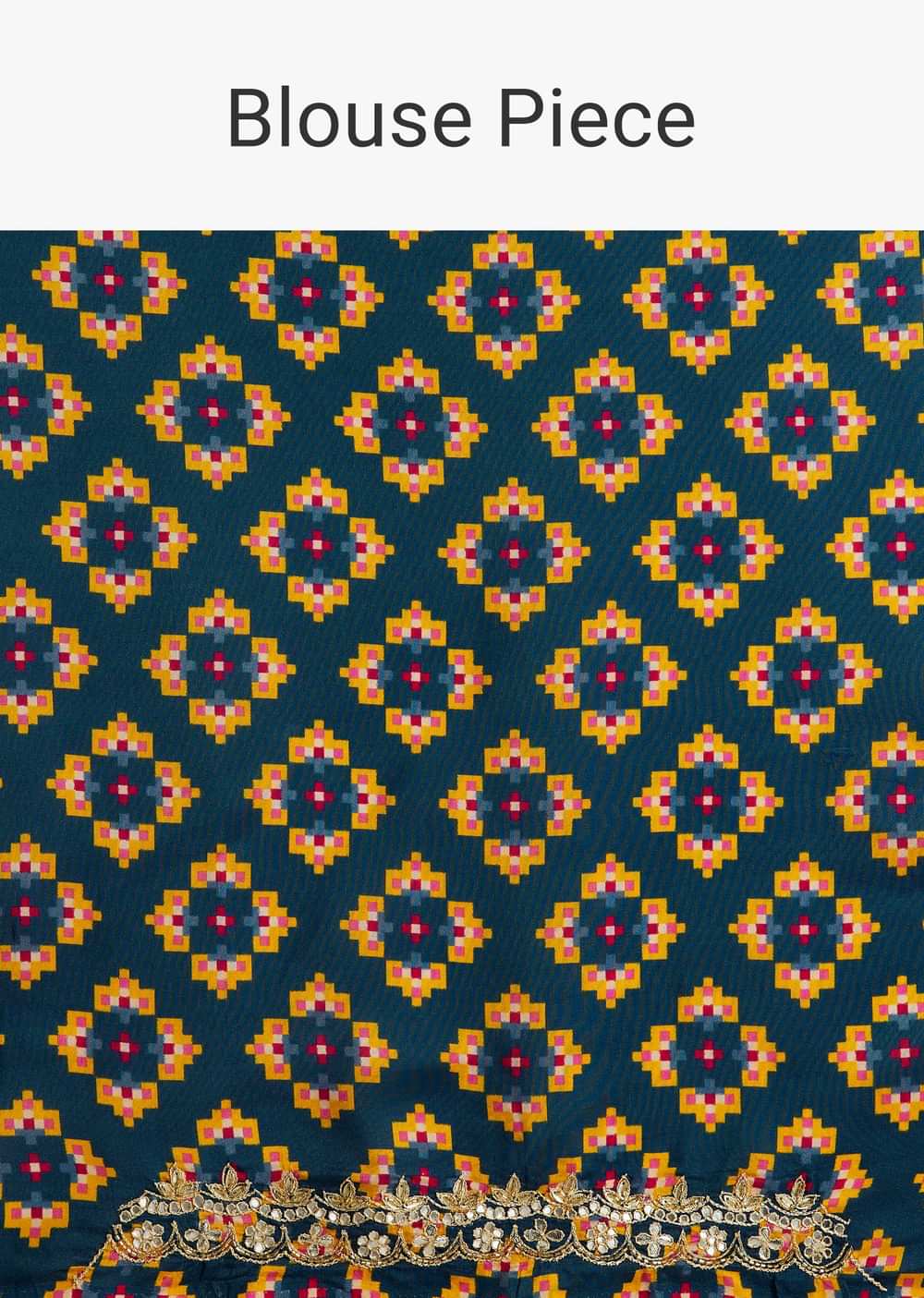 Navy Blue Muslin Ajrakh Printed Saree With Gota And Mirror Work