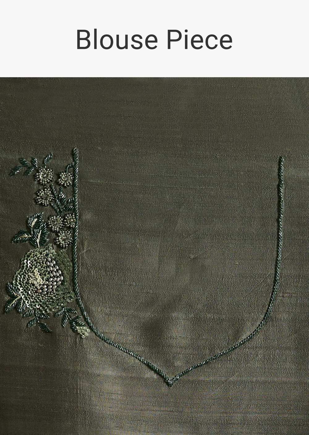 Olive Green Tissue Saree With Cutwork Border And Heavy Embroidery