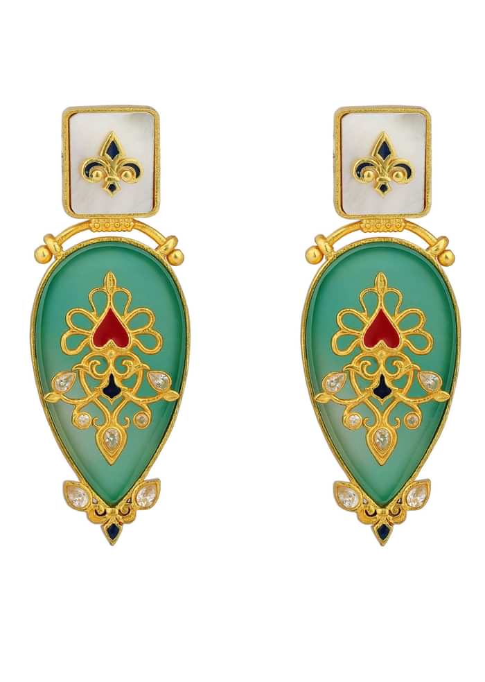 Antique Gold Green Onyx Statement Earrings