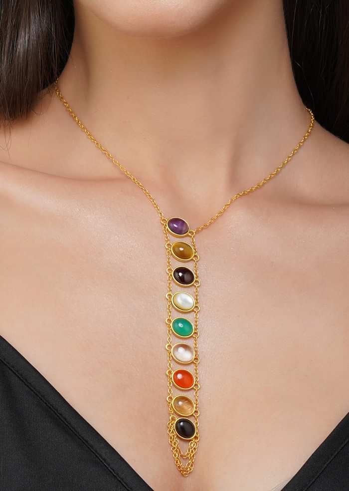 Gold Multi Navratan Lariat Necklace