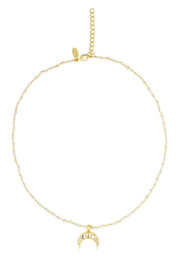 Gold Necklace With Crescent Pendant And Pearl Chain