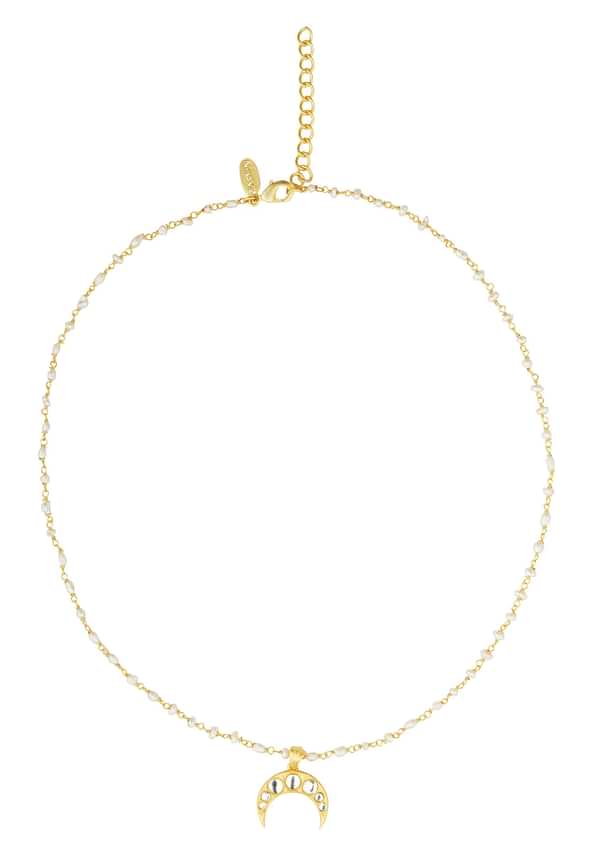 Gold Necklace With Crescent Pendant And Pearl Chain