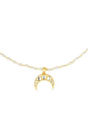 Gold Necklace With Crescent Pendant And Pearl Chain