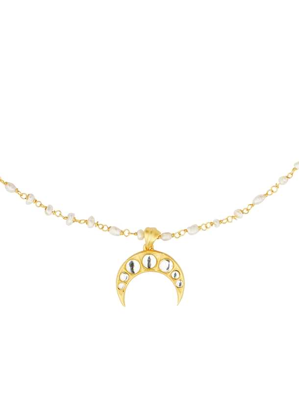 Gold Necklace With Crescent Pendant And Pearl Chain