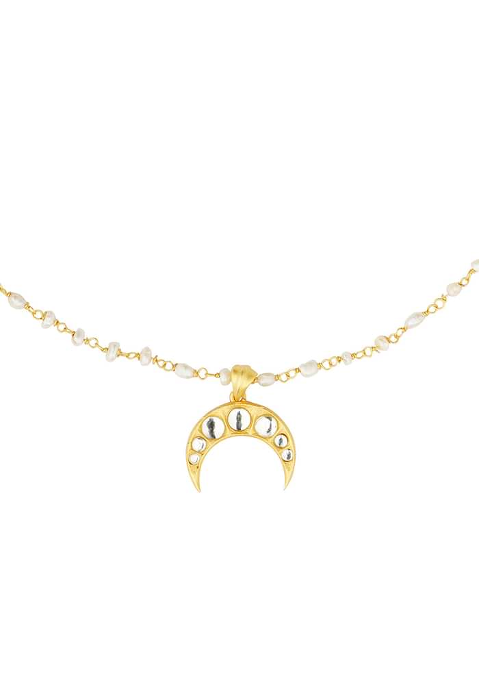 Gold Necklace With Crescent Pendant And Pearl Chain