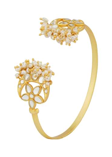 Gold Chaand Phool Bracelet With Mirror Polki And Pearls