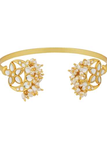 Gold Chaand Phool Bracelet With Mirror Polki And Pearls