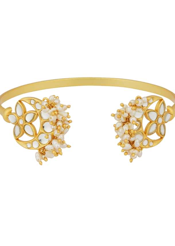 Gold Chaand Phool Bracelet With Mirror Polki And Pearls